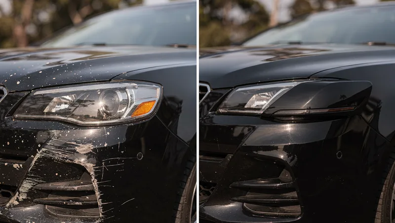 Cracked front bumper on a black sedan repaired, before and after