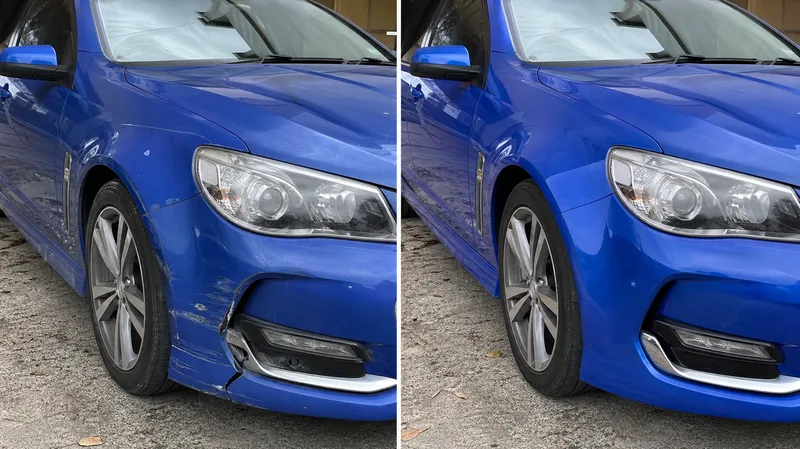 Blue Holden Commodore front, before and after a mobile paint repair and detail