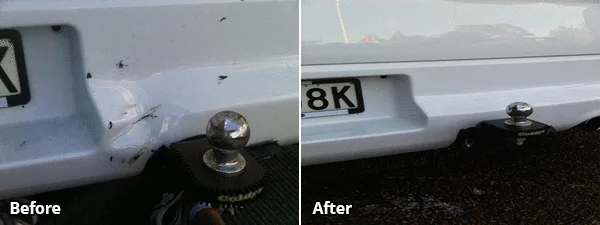 Creased and scuffed rear bar on a white ute repaired around the tow ball, before and after
