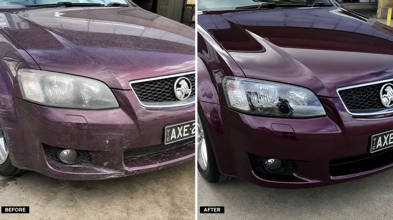 Faded maroon paint restored and colour-matched, before and after