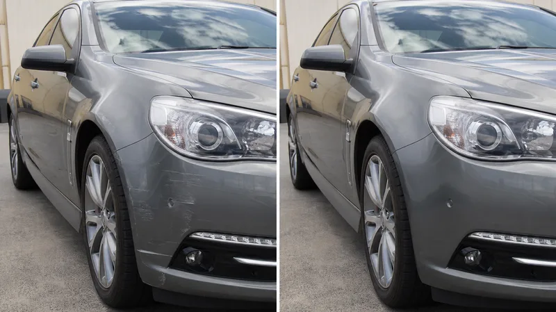 Front guard dent on a silver sedan repaired, before and after
