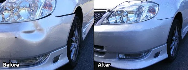 Dented front guard on a silver sedan smoothed and repainted, before and after