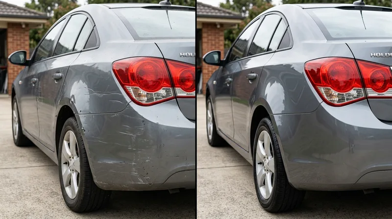 Rear quarter-panel ding on a silver sedan repaired, before and after
