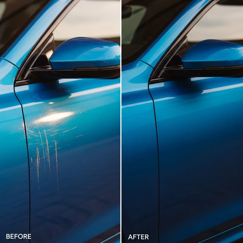 Door key scratch on a blue car repaired, before and after