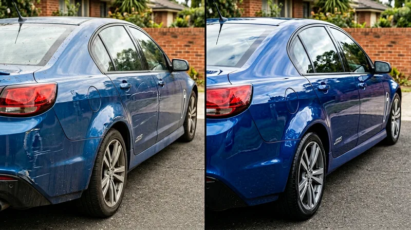 Rear quarter scrape on a blue sedan repaired, before and after