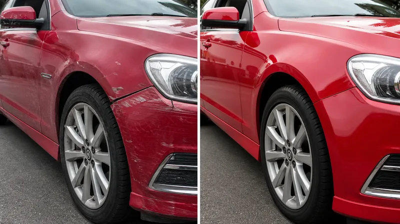 Front guard scratch on a red sedan repaired, before and after