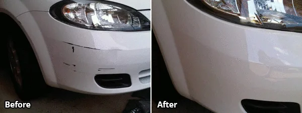 Deep scratches on a white front guard repaired and colour-matched, before and after