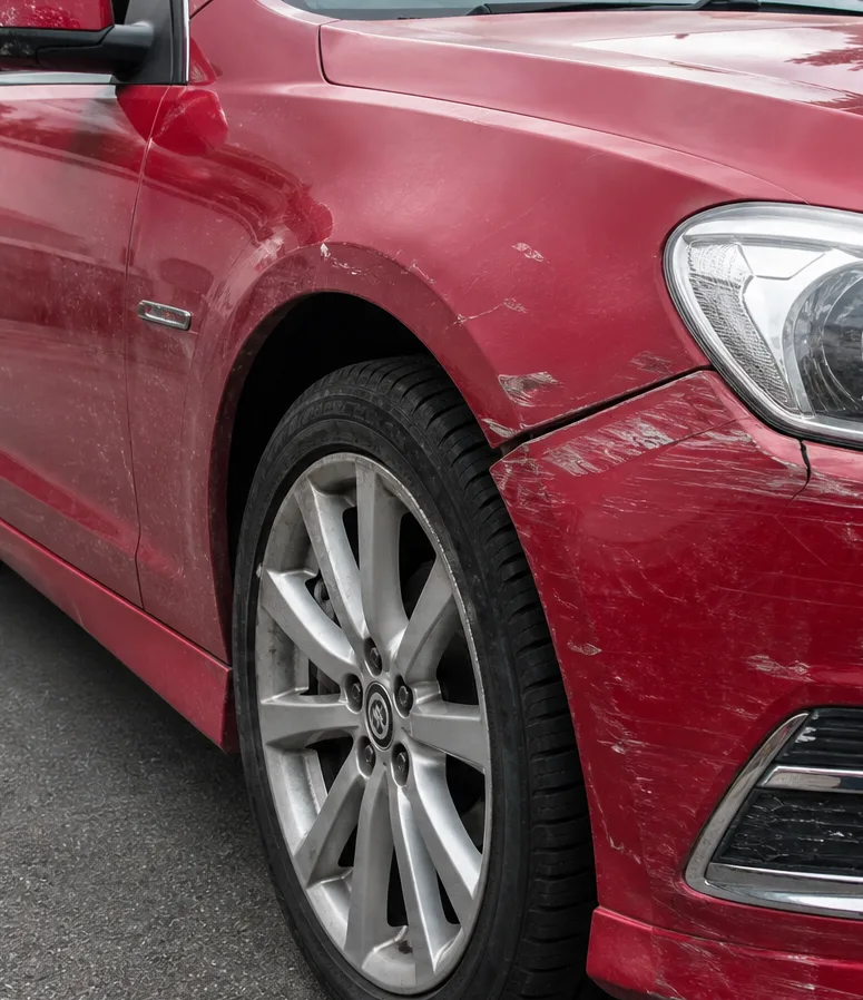 Deep scrapes and scuffing along the front guard of a red sedan