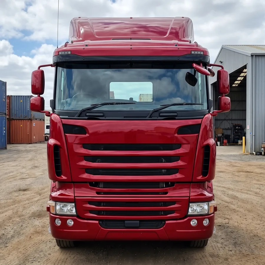The same red truck cab front resprayed to a deep even gloss